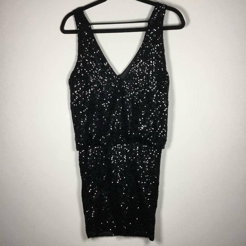 Astr Black All Over Sequin Glam Club Party‎ Concert Deep V Mini Dress S/M